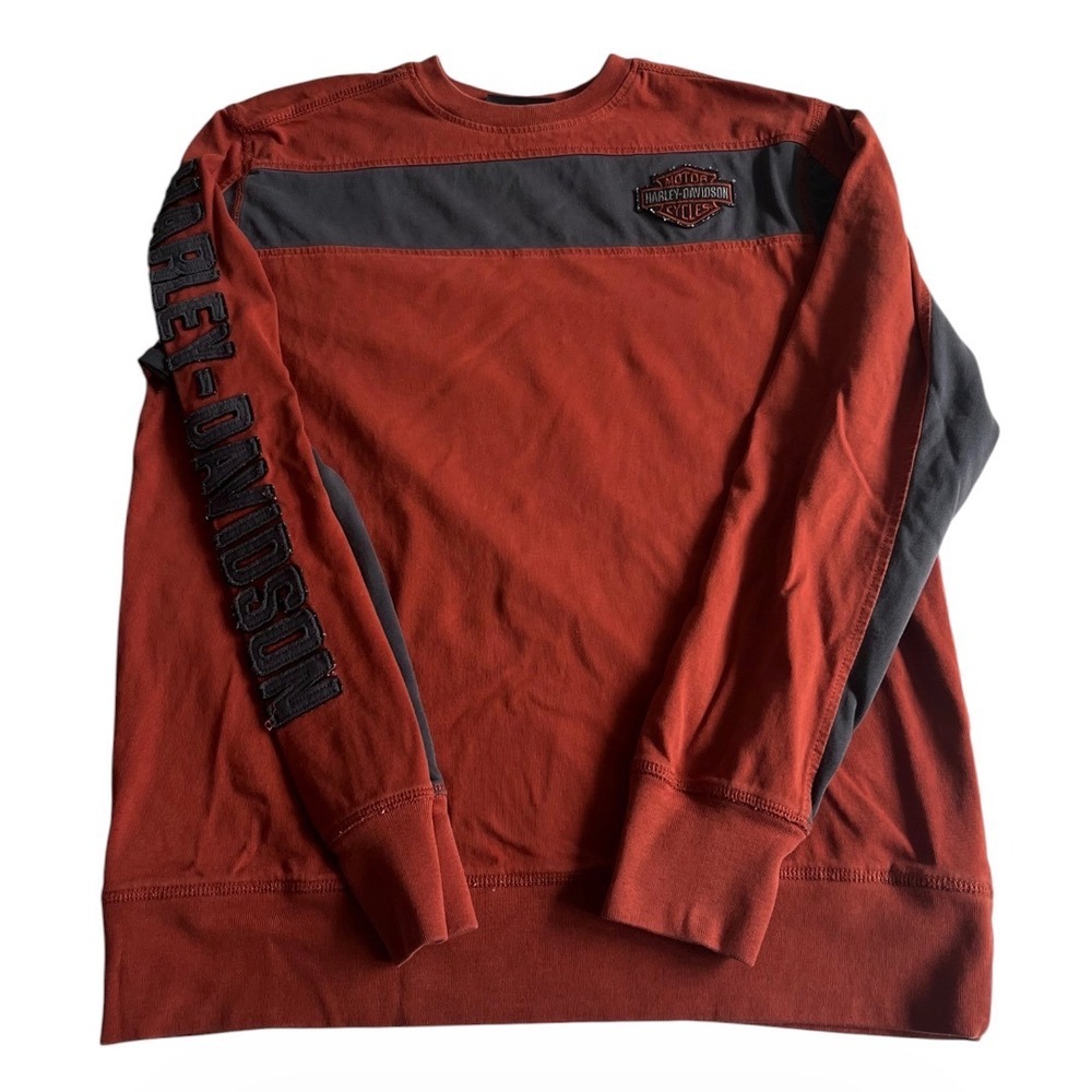 Harley Davidson Long Sleeve Tee Shirt Orange With Logo Patch Medium Biker